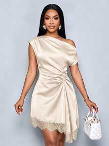 SOLERSUN Stylish And Elegant Satin Slanted Neckline Drawstring Lace Patchwork Irregular Hem Party Mini Dress - Apricot - View 5
