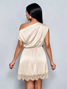 SOLERSUN Stylish And Elegant Satin Slanted Neckline Drawstring Lace Patchwork Irregular Hem Party Mini Dress - Apricot - View 3