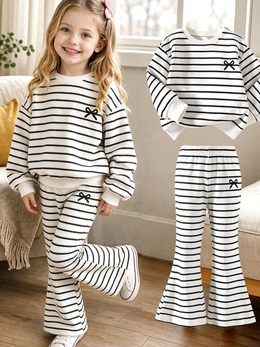 女童蝴蝶結圖案條紋長袖運動衫與喇叭運動長褲套裝 - 黑與白 - 查看 1