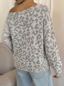CovetEZ 休閒極簡風仿水洗全豹紋印花女款露肩針織衫，適合秋冬穿著 - 彩色 - 查看 2