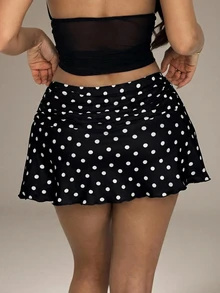 SHEIN PETITE Summer Polka Dot Ruched A-Line Mini Skirt ,Petite Women - Black - View 2