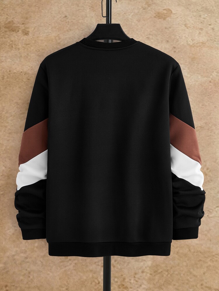 HIMLAND Men's Crewneck Sweatshirt, Color Block Pullover, Contrast Sleeve Sweater, Black Brown White Top, Autumn Casual Wear, Streetwear Fashion - Black - View 2