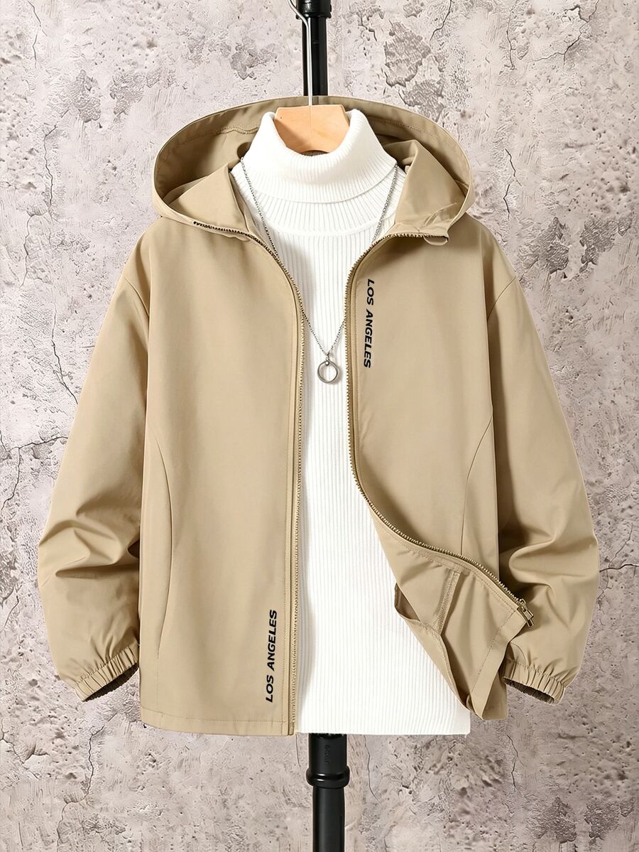 SHEIN 兒童男童休閒字母圖案印花連帽外套,輕量寬鬆版型拉鍊連帽夾克,適合返校季秋季校園穿著,卡其色 - 卡其色 - 查看 1