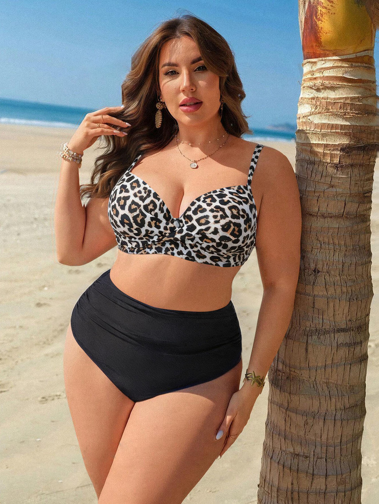 Swim Lushoire Women's Plus Size Leopard Striped Padded Underwire Tankini Top With Solid Black High Waist Ruched Bottoms Swimwear Set, Summer Beach Holiday Vacation - Multicolor - View 3