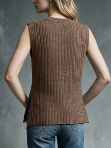 SHEIN Rompi Sweater Rajut Bergaris Polos dengan Belahan di Bagian Bawah - Coklat - View 2