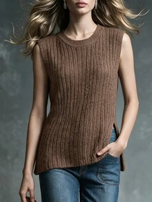 SHEIN Rompi Sweater Rajut Bergaris Polos dengan Belahan di Bagian Bawah - Coklat - View 1