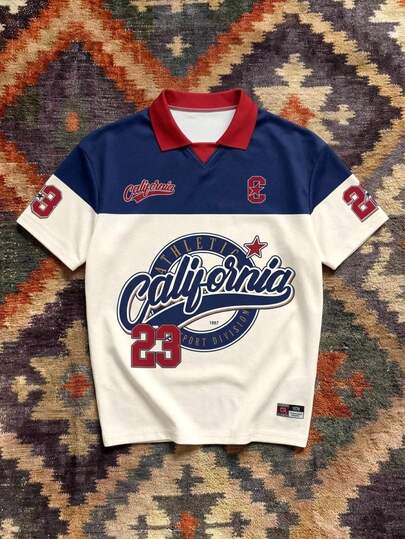 Aesthetic Post Atasan Gaya Baseball Lengan Pendek American Vintage Warna Merah Biru Krem dengan Cetakan Huruf dan Lencana, Kaos Polo Berkerah Gaya Streetwear Kampus, Kaos Grafis Pria dan Wanita, Kaos Kasual Olahraga Perjalanan Musim Gugur Musim Panas untuk Liburan