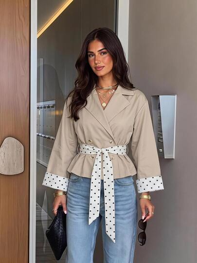 Siren Gaze Short Trench Coat With Beige Polka Dot Patchwork Cuffs And Belt, Suitable For Daily Wear, Commuting, Casual Outings, Autumn Women's Jacket