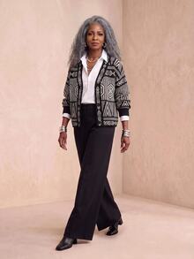 BamGlimmer Women's Jacquard Vintage Contrast Color Button Cardigan - Black and White - View 6