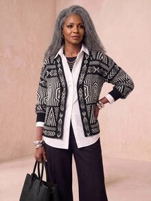 BamGlimmer Women's Jacquard Vintage Contrast Color Button Cardigan - Black and White - View 4