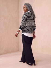 BamGlimmer Women's Jacquard Vintage Contrast Color Button Cardigan - Black and White - View 3