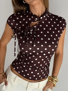 Aloruh Top de manga corta de punto con lunares marrones y blancos, estilo francés vintage elegante para mujer, para ir al trabajo, brunch, salidas, nuevo estilo chino, Y2K, conciertos, verano - Café integral - Ver 5