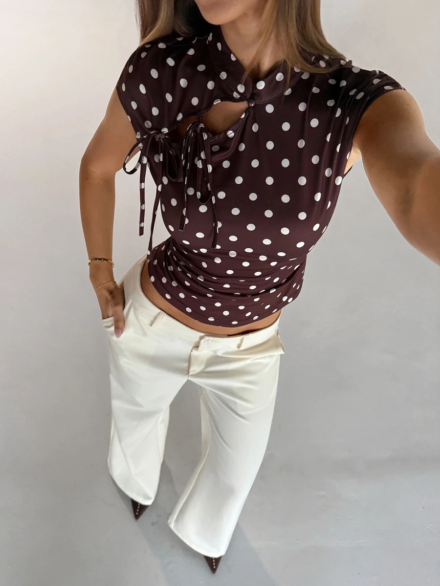 Aloruh Top de manga corta de punto con lunares marrones y blancos, estilo francés vintage elegante para mujer, para ir al trabajo, brunch, salidas, nuevo estilo chino, Y2K, conciertos, verano