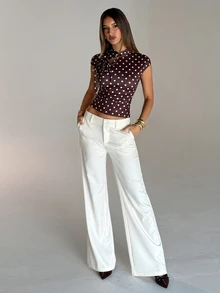 Aloruh Top de manga corta de punto con lunares marrones y blancos, estilo francés vintage elegante para mujer, para ir al trabajo, brunch, salidas, nuevo estilo chino, Y2K, conciertos, verano - Café integral - Ver 6