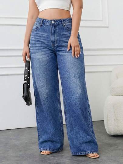 EURMUSE 100% Cotton Plus Size Women's Blue Straight Leg Casual Wide Leg Jeans