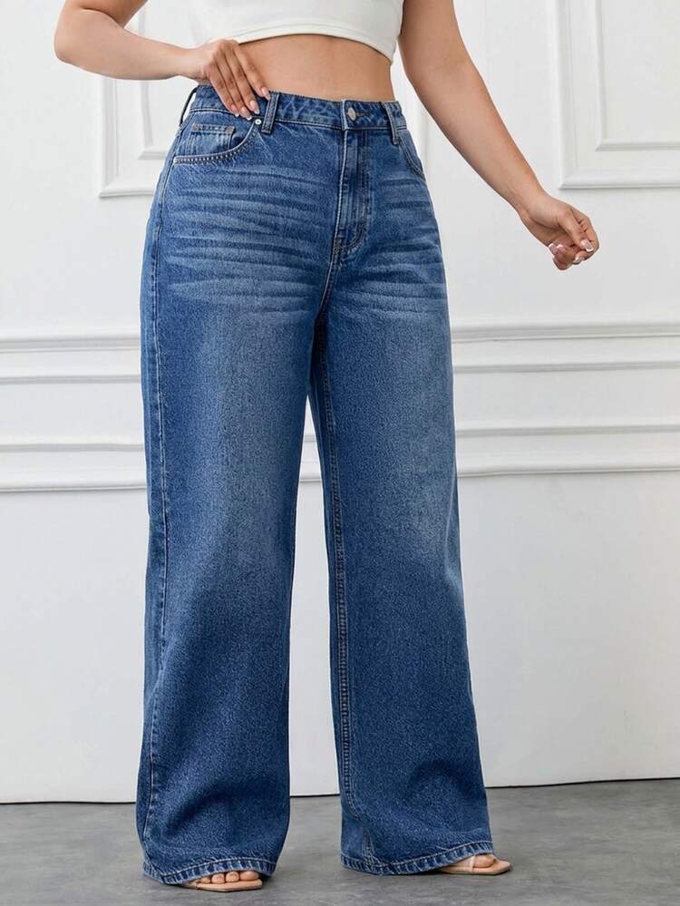 SHEIN Cottnline 100% Cotton Plus Size Women's Blue Straight Leg Casual Wide Leg Jeans - Dark Wash - View 3