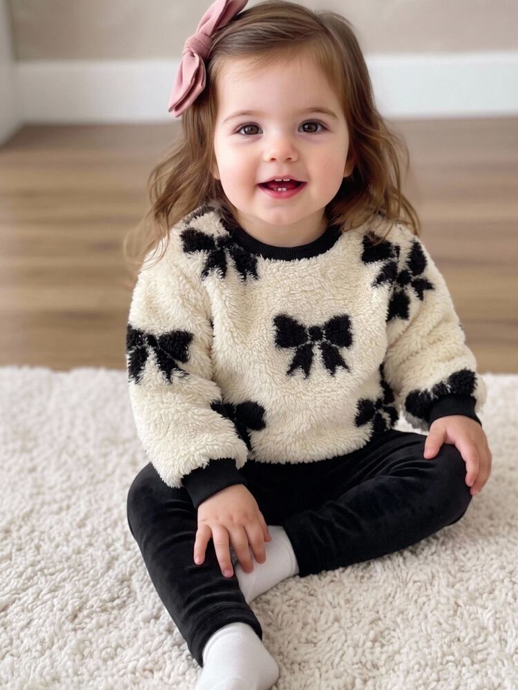 SHEIN Baby Girl Bowknot Pattern Crew Neck Long Sleeve Sweatshirt And Winter Pants Casual Cute Daddys Girl Modest Set Beige Black Autumn - Black and White - View 2