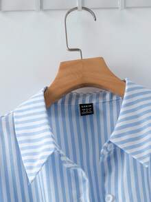 SHEIN Franclia 法式優雅編織翻領長袖前綁帶條紋女款襯衫，秋季新品 - 藍色 - 查看 5