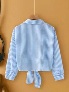SHEIN Franclia 法式優雅編織翻領長袖前綁帶條紋女款襯衫，秋季新品 - 藍色 - 查看 2