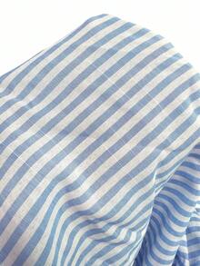 SHEIN Franclia 法式優雅編織翻領長袖前綁帶條紋女款襯衫，秋季新品 - 藍色 - 查看 6