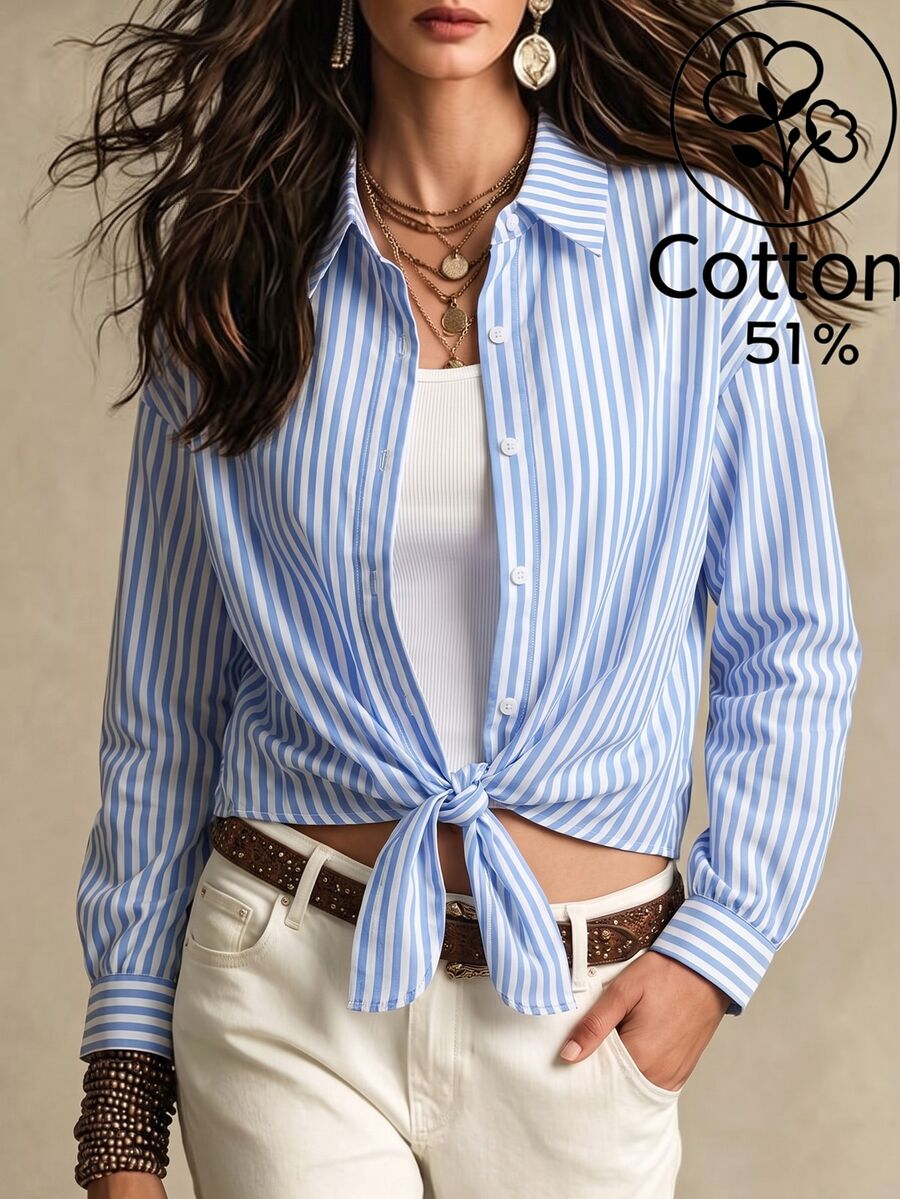 SHEIN Franclia 法式優雅編織翻領長袖前綁帶條紋女款襯衫,秋季新品 - 藍色 - 查看 1