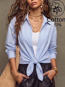 SHEIN Franclia 法式優雅編織翻領長袖前綁帶條紋女款襯衫，秋季新品 - 藍色 - 查看 7