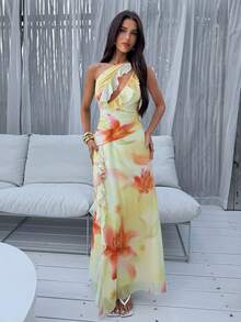Aloruh Elegantes tropisches lässiges romantisches Damenkleid mit Rüschenbesatz in blassem Gelb, asymmetrischer One-Shoulder-Schnitt, geeignet für Dates, Urlaub, Party, Y2K Sommer - Grün - Übersicht 6