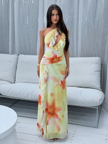 Aloruh Elegantes tropisches lässiges romantisches Damenkleid mit Rüschenbesatz in blassem Gelb, asymmetrischer One-Shoulder-Schnitt, geeignet für Dates, Urlaub, Party, Y2K Sommer - Grün - Übersicht 8