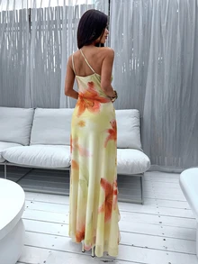 Aloruh Elegantes tropisches lässiges romantisches Damenkleid mit Rüschenbesatz in blassem Gelb, asymmetrischer One-Shoulder-Schnitt, geeignet für Dates, Urlaub, Party, Y2K Sommer - Grün - Übersicht 3
