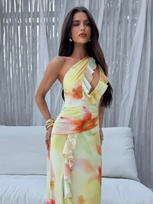 Aloruh Elegantes tropisches lässiges romantisches Damenkleid mit Rüschenbesatz in blassem Gelb, asymmetrischer One-Shoulder-Schnitt, geeignet für Dates, Urlaub, Party, Y2K Sommer - Grün - Übersicht 5
