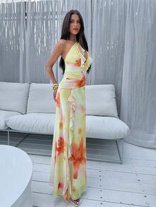 Aloruh Elegantes tropisches lässiges romantisches Damenkleid mit Rüschenbesatz in blassem Gelb, asymmetrischer One-Shoulder-Schnitt, geeignet für Dates, Urlaub, Party, Y2K Sommer - Grün - Übersicht 7