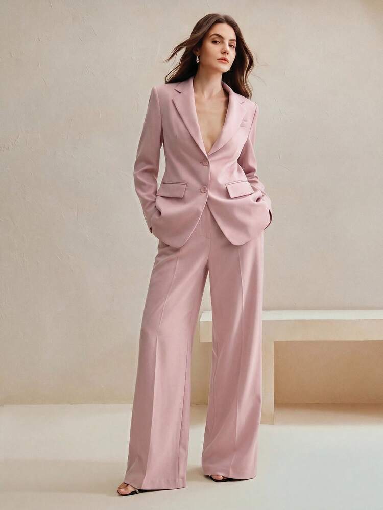 Anewsta Essential Urban Modern Women's Suit Set, Old Money Style, Solid Color, Dopamine Color Palette, Professional Commute Casual Versatile Blazer + Straight Leg Suit Pants 2-Piece Set - Baby Pink - View 1