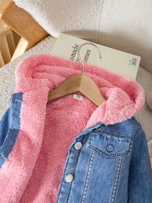 SHEIN Baby Girl Woven Colorblock Faux Fur Collar Hooded Casual Jacket - Multicolor - View 3