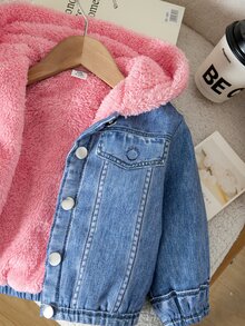 SHEIN Baby Girl Woven Colorblock Faux Fur Collar Hooded Casual Jacket - Multicolor - View 4
