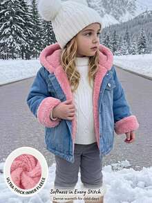 SHEIN Baby Girl Woven Colorblock Faux Fur Collar Hooded Casual Jacket - Multicolor - View 1