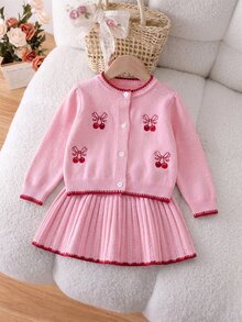 SHEIN 春秋女嬰甜美針織兩件套，櫻桃刺繡圓領開襟毛衣與百褶裙套裝 - 淺粉色 - 查看 7