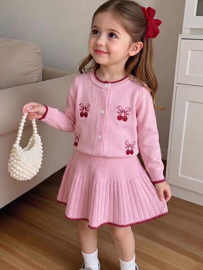 Souflis Spring/Autumn Baby Girl Sweet Knitted 2 Pieces Set, Cherry Embroidered Round Neck Cardigan Sweater & Pleated Skirt Pullover