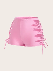 SHEIN ICON 鏤空側邊綁帶騎行褲 - 粉色 - 查看 3