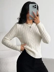 SHEIN Teen Girl Teen Girls Ribbed Crew Neck Casual Knit Sweater, Long Sleeve Knit Top, Autumn/Winter - White - View 2