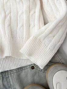 SHEIN Teen Girl Teen Girls Ribbed Crew Neck Casual Knit Sweater, Long Sleeve Knit Top, Autumn/Winter - White - View 4