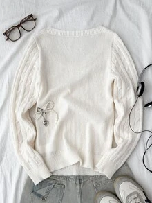 SHEIN Teen Girl Teen Girls Ribbed Crew Neck Casual Knit Sweater, Long Sleeve Knit Top, Autumn/Winter - White - View 8