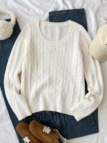 SHEIN Teen Girl Teen Girls Ribbed Crew Neck Casual Knit Sweater, Long Sleeve Knit Top, Autumn/Winter - White - View 3