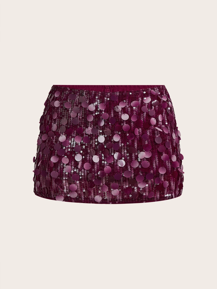 SHEIN ICON Deep Purple Low Rise Sequin Decor Bodycon Mini Skirt Party Night Autumn Sexy - Burgundy - View 1