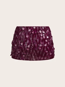 SHEIN ICON Deep Purple Low Rise Sequin Decor Bodycon Mini Skirt Party Night Autumn Sexy - Burgundy - View 2