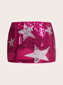 SHEIN ICON Star Pattern Sequin Bodycon Skirt - Hot Pink - View 2