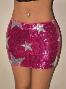 SHEIN ICON Star Pattern Sequin Bodycon Skirt - Hot Pink - View 5