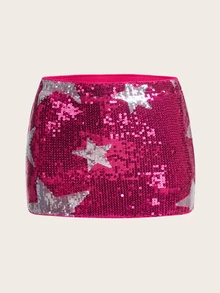 SHEIN ICON Star Pattern Sequin Bodycon Skirt - Hot Pink - View 1