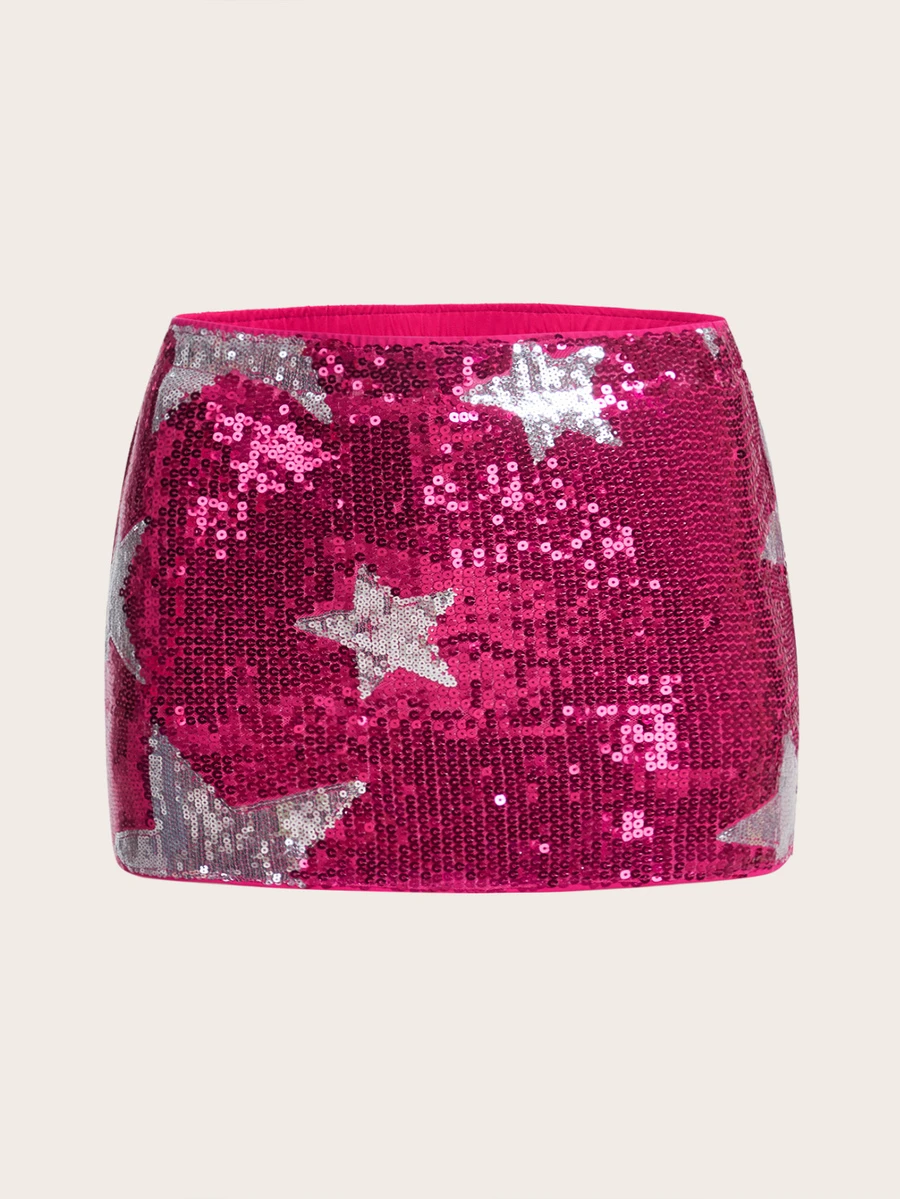 SHEIN ICON Star Pattern Sequin Bodycon Skirt - Hot Pink - View 1
