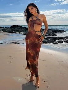 Aloruh Women's Elegant Sexy Leopard Print Knit Bodycon Dress,All Brown,Summer,Casual,Beach Vacation,Holiday,Y2K Festival Outfits,Long Party - Multicolor - View 5