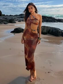 Aloruh Women's Elegant Sexy Leopard Print Knit Bodycon Dress,All Brown,Summer,Casual,Beach Vacation,Holiday,Y2K Festival Outfits,Long Party - Multicolor - View 4